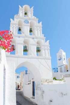 Pyrgos Santorini Greece September 2017 on a sunny day during summer with whitewashed homes and churches, the Greek Island Aegean Cyclades