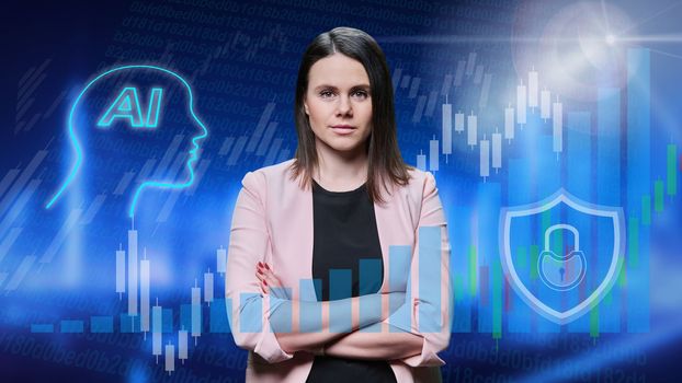 Confident young business woman looking at camera with crossed arms, artificial intelligence use in business, growth charts, digital technology background