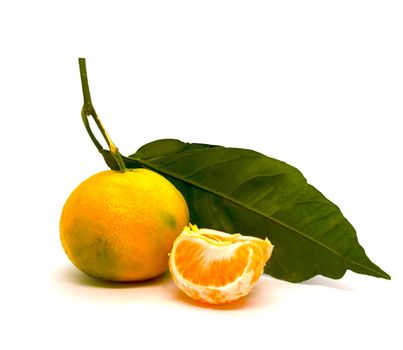 Tangerine with leaves and a slice of tangerine. Tangerine with leaves and a slice of tangerine on a white background, close-up.