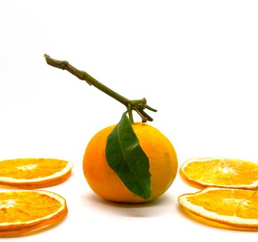 Tangerine and orange slices. Tangerine and orange slices on a white background, close-up.