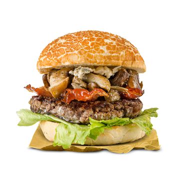 Special Hamburger with bacon, gorgonzola and eggplants isolated