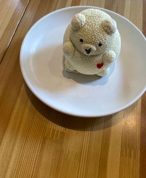 Moscow, Russia, June 26, 2022. Dessert in the form of a bear in a restaurant.