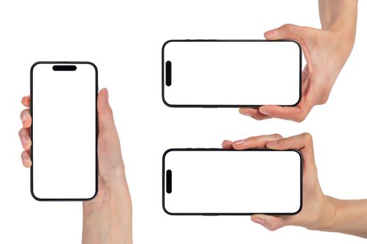 Phone in hand, set. Modern, new phone in hand isolated on white background from different angles. Mockup set, smartphones in hands from different sides to be inserted into the project.