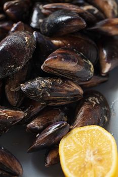 Close up of a plate with freshly coocked mussels on dining table. High quality photo