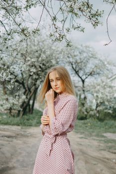 Blonde girl on a spring walk in the garden with cherry blossoms. Female portrait, close-up. A girl in a pink polka dot dress