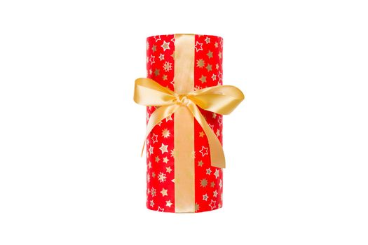 Christmas or other holiday handmade present in red paper with Gold ribbon. Isolated on white background, top view. thanksgiving Gift box concept.