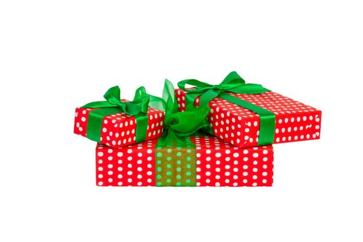 Group of Christmas or other holiday handmade present in red paper with Green ribbon. Isolated on white background, top view. thanksgiving Gift box concept.