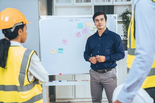 A team of investor and competent engineers brainstorming on the whiteboard to find new ideas and making plans. The idea of a team gather ideas together.