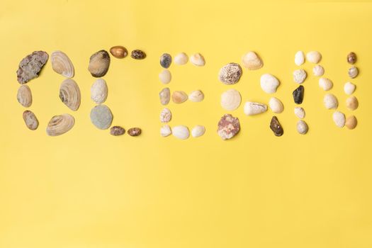 The inscription of the word ocean made of shells on a yellow background.Travel concept.