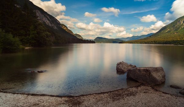View of scenic Bohinj lake, the largest permanent lake in Slovenia, located within the Bohinj Valley of the Julian Alps