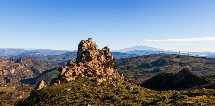 View of the Sicilian countryside. Etna volcano in the background