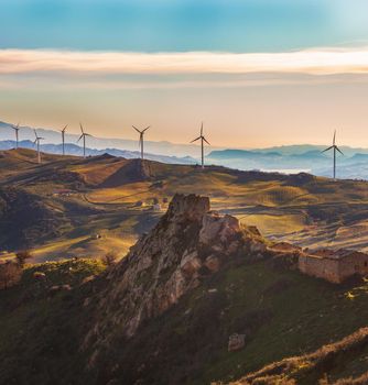 View of windmills in the Sicilian countryside, Enna territory