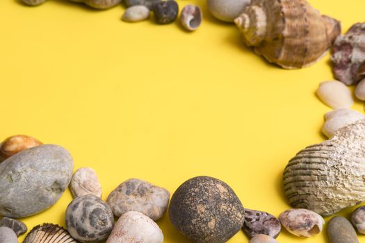 rocks and shells on a yellow background .Marine theme.