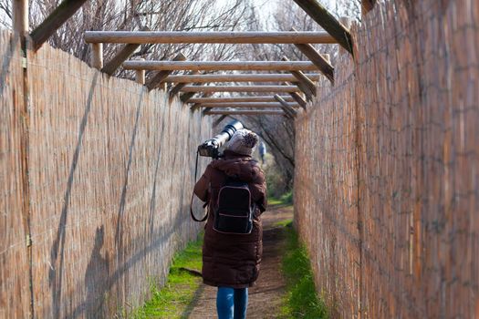 The bird photographer walking in a path and back to the home