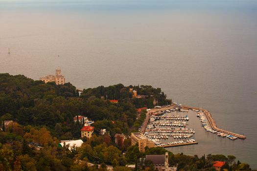 Top view of Grignano dock and Miramare castle in Trieste