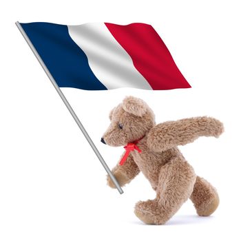 A France flag being carried by a cute teddy bear