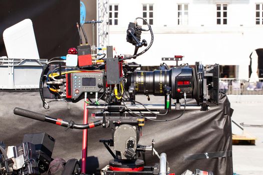 Professional digital camera setup on outdoor movie set