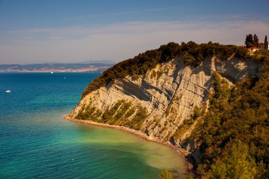 View of the Moon Bay, famous beach in the Strunjan cliff on the Coast line of Slovenia.