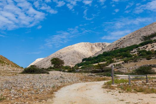 View of bare hills in Stara Baska, Krk island in Croatia