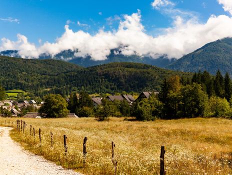 View of Slovenian chalet in Stara Fuzina little town near Bohinj, Slovenia