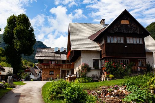 View of Slovenian chalet in Stara Fuzina little town near Bohinj, Slovenia