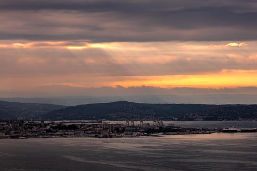 Top view of Trieste coast with cloudy sky