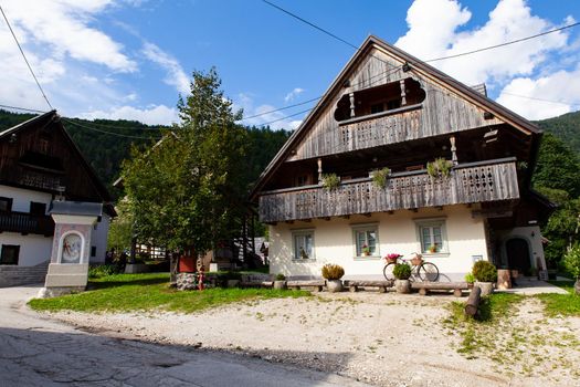 View of Slovenian chalet in Stara Fuzina little town near Bohinj, Slovenia