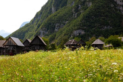 View of typical structural wood called Hayracks used for fodder dryer , Studor. Slovenia