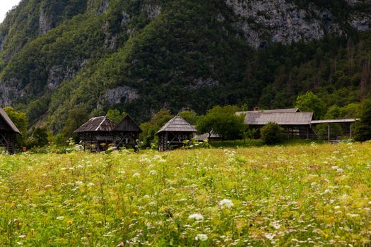 View of typical structural wood called Hayracks used for fodder dryer , Studor. Slovenia