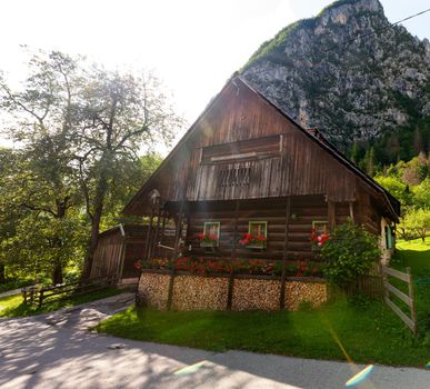 View of Slovenian chalet in Stara Fuzina little town near Bohinj, Slovenia