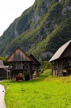 View of typical structural wood called Hayracks used for fodder dryer , Studor. Slovenia