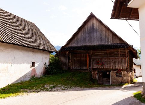 View of Slovenian chalet in Stara Fuzina little town near Bohinj, Slovenia