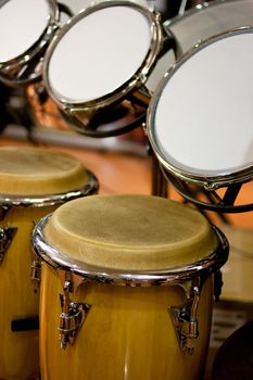 View of congas and drums in the shop for musicians