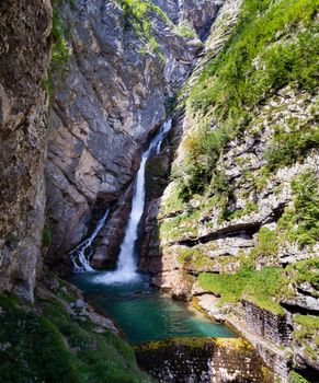 View of scenic Savica fall in Slovenia