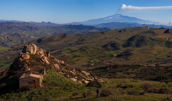 View of the Sicilian countryside. Etna volcano in the background