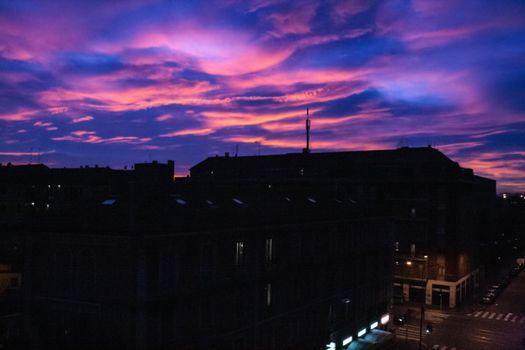 View of the purple sky on Milan in the evening