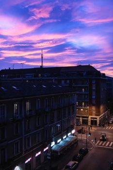 View of the purple sky on Milan in the evening