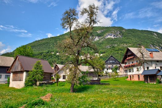 View of Slovenian chalet in Stara Fuzina little town near Bohinj, Slovenia