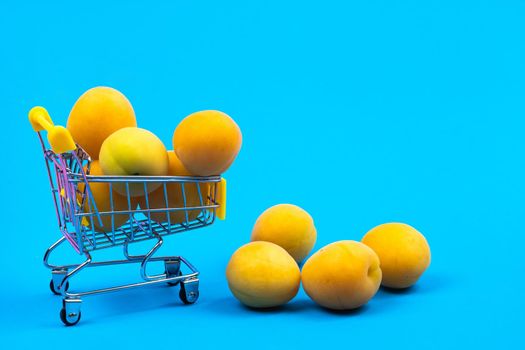 Shopping basket with apricots on a blue background.Shopping cart.