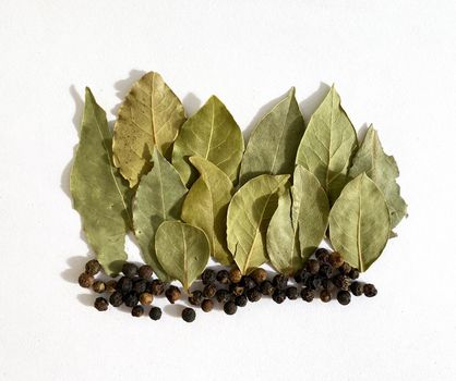 Texture, background. Dry bay leaf and peppercorns on a white background, seasoning.
