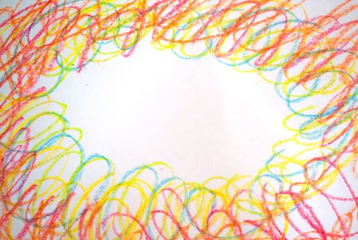 Texture, background, doodle. Children's drawings with colored crayons on white paper.