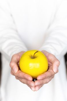 The hands of a young woman hold a yellow apple against the background of herself in a white sweater. Fresh fruits. Pastel color. Close-up, top view.