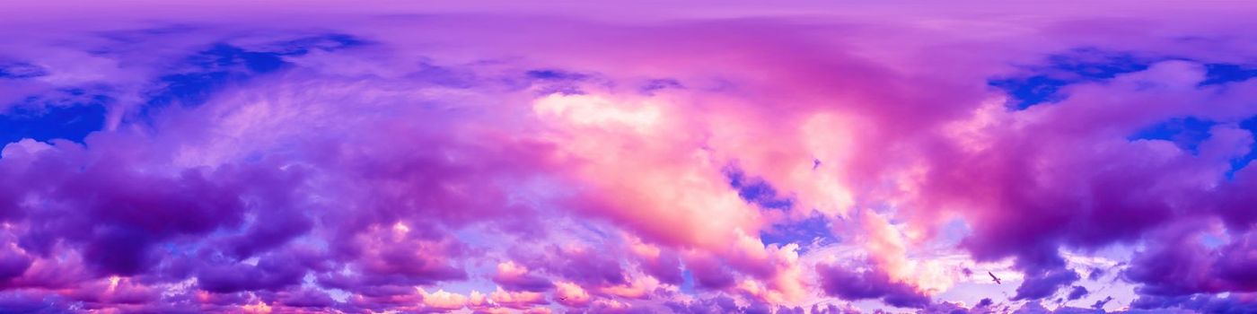Dramatic magenta sunset sky panorama with Cumulus clouds. Seamless hdr 360 pano in spherical equirectangular format. Complete zenith for 3D visualization, game and sky replacement for aerial drone panoramas.