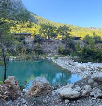 Goynuk Canyon, Turkey, Kemer. View of mountains and blue lake.