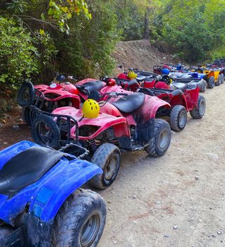 ATVs. Photo of multi-colored ATVs on a forest road.