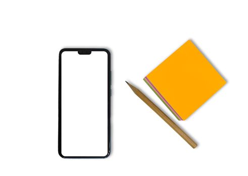 Mockup, smartphone. Smartphone, pencil and paper notepad on a white background.