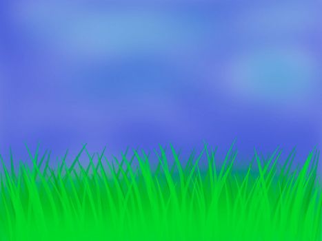 Sky and grass, background, illustration. Blue sky with clouds and green grass.