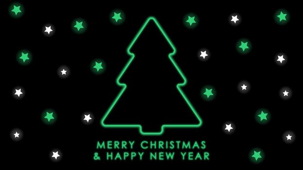 Happy New Year, postcard. Neon green Christmas tree and stars on a black background. Holiday postcard design.