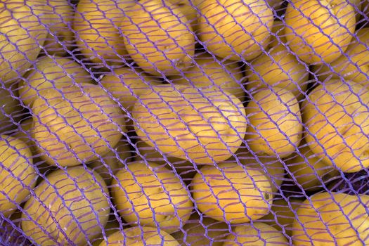 Background, texture, potatoes in the grid. Potatoes in a purple grid close-up.