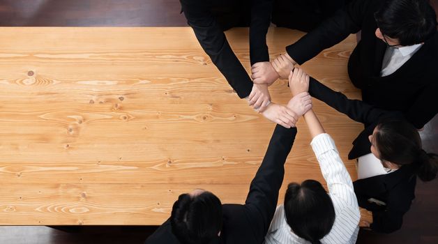 Top view cohesive group of business people join hands stack together, form circle over meeting table for copyspace. Colleagues working to promote harmony and synergy team building concept in workplace